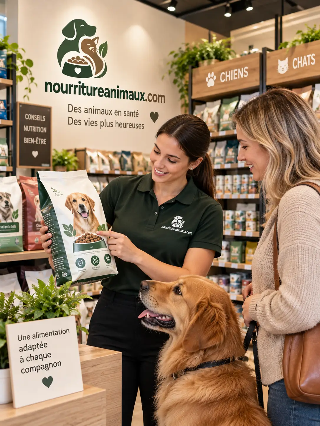 Conseil en boutique sur un sac de nourriture pour chien