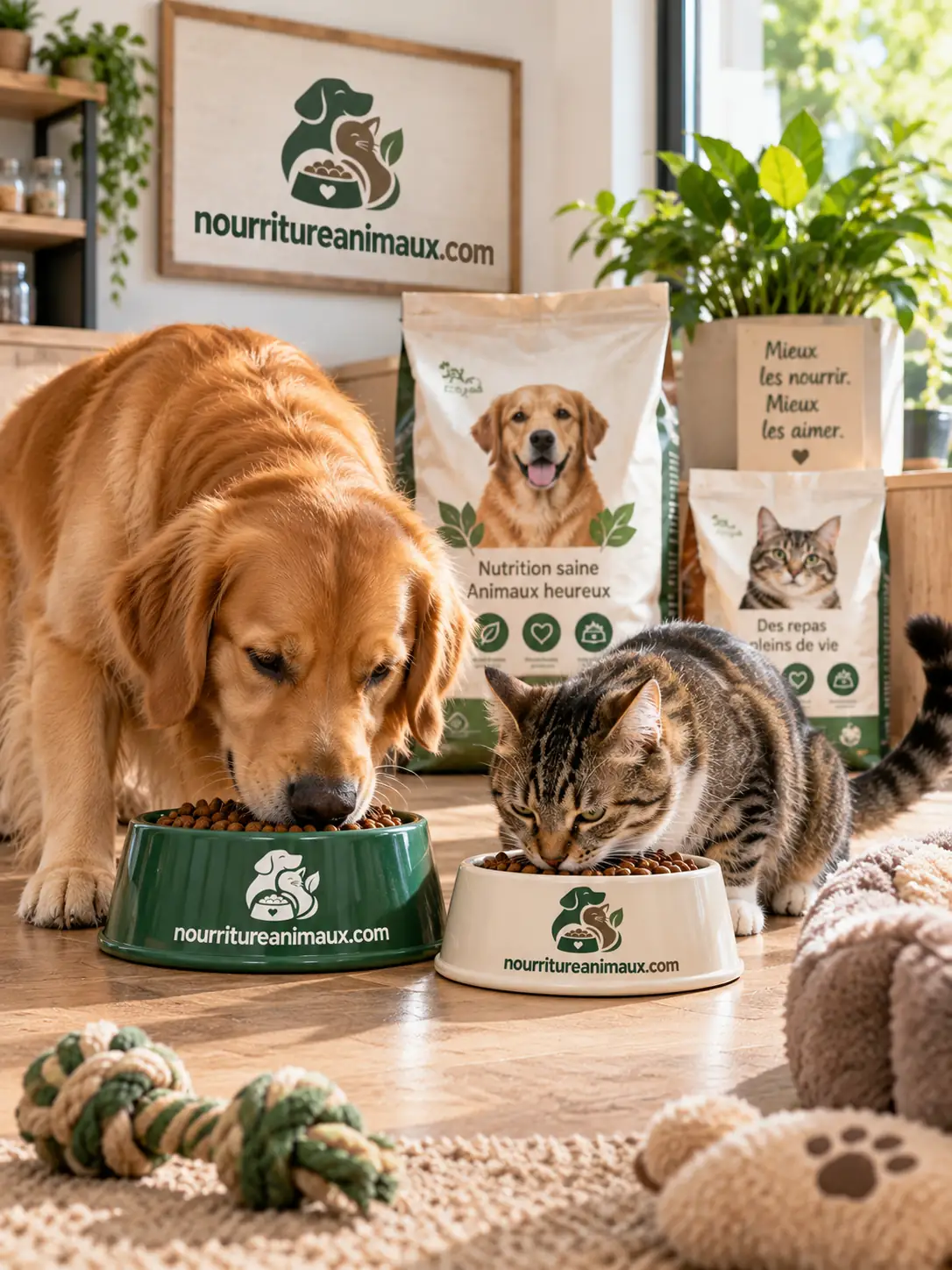 Chien et chat mangeant dans leurs bols