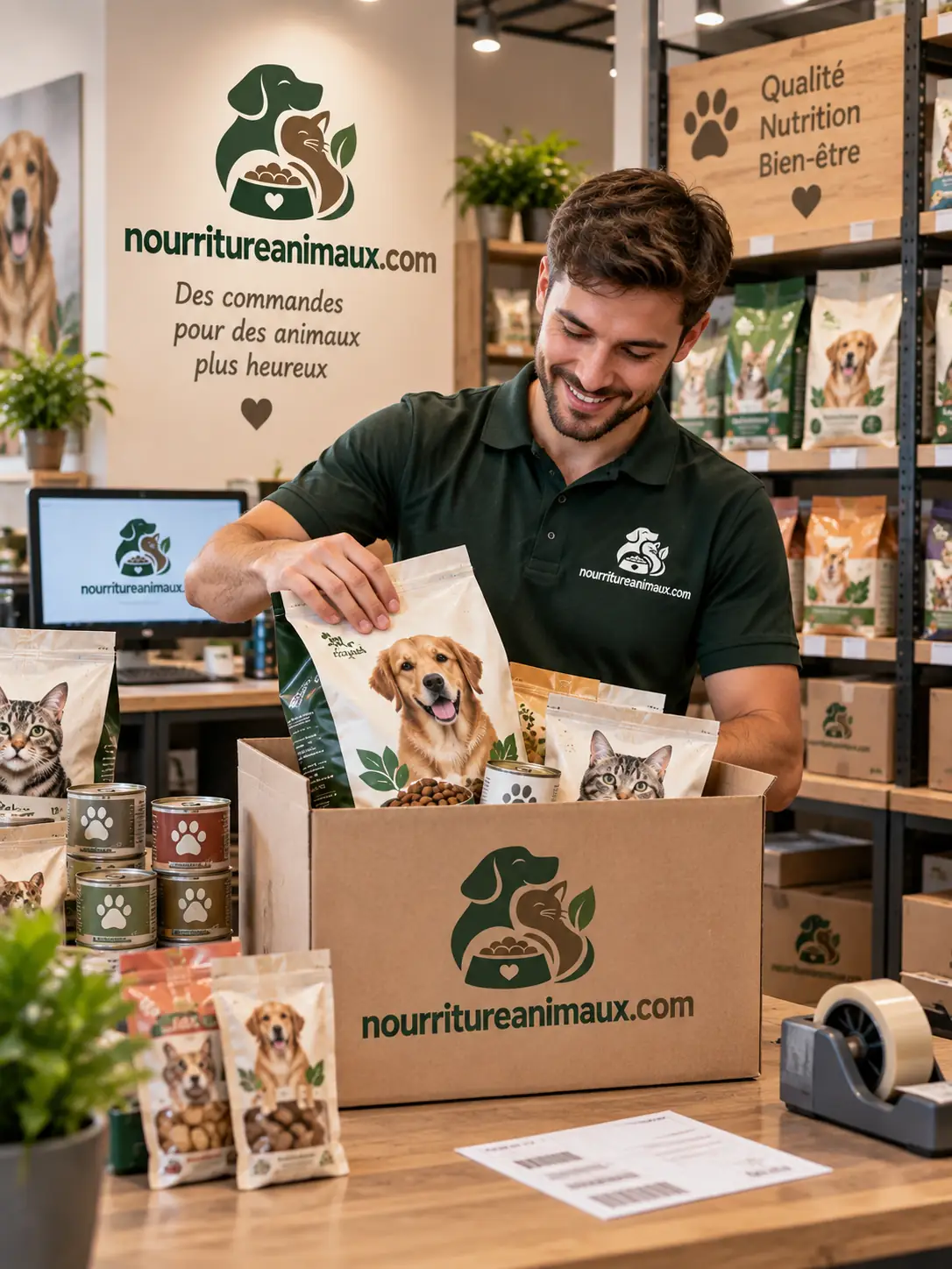 Préparation d'une commande de nourriture pour animaux